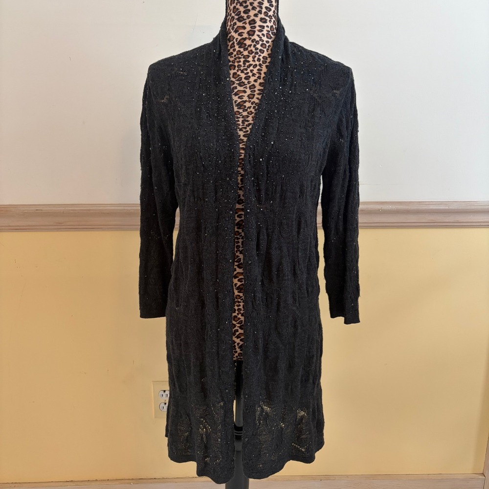 Eileen‎ Fisher Black 100% Merino Wool Beaded Pointelle Long Cardigan Sweater S